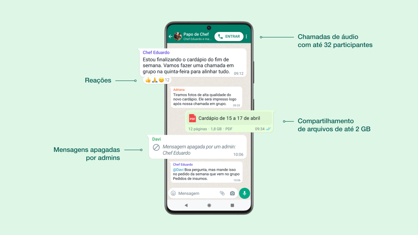 Será possível o envio de arquivos com mais de 2GB, chamadas de voz com capacidade para 32 participantes e o poder de reagir com emojis às mensagens de outros usuários