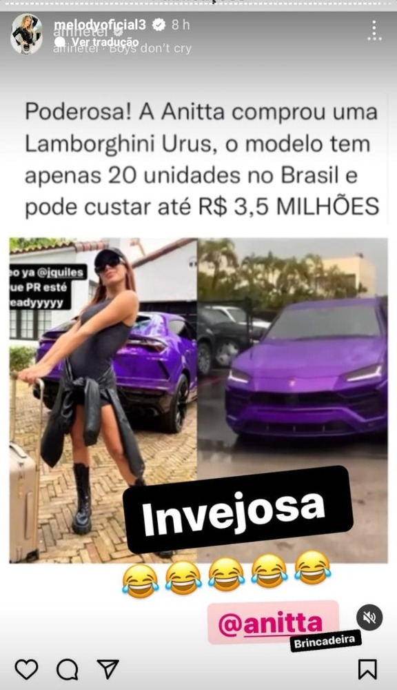 Story de Melody sobre carro novo de Anitta