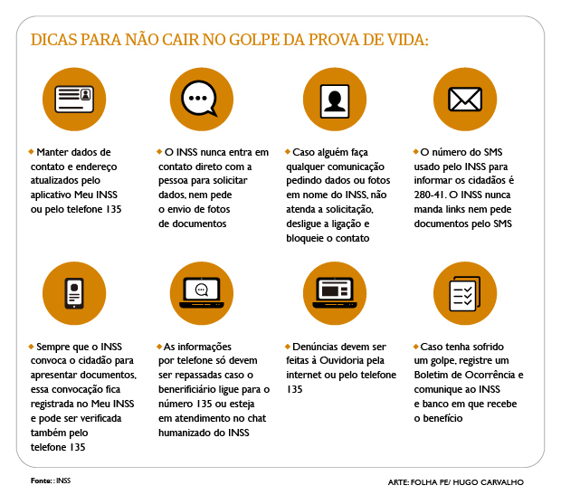 Dicas para não cair no golpe da prova de vida do INSS | Arte FolhaPE/Hugo Carvalho