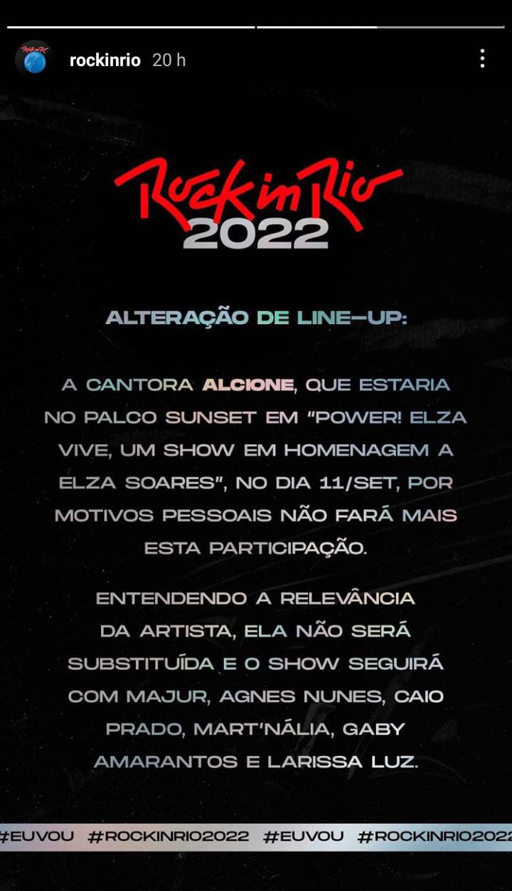 Stories do Rock in Rio anunciam a ausência de Alcione no show em homenagem a Elza Soares