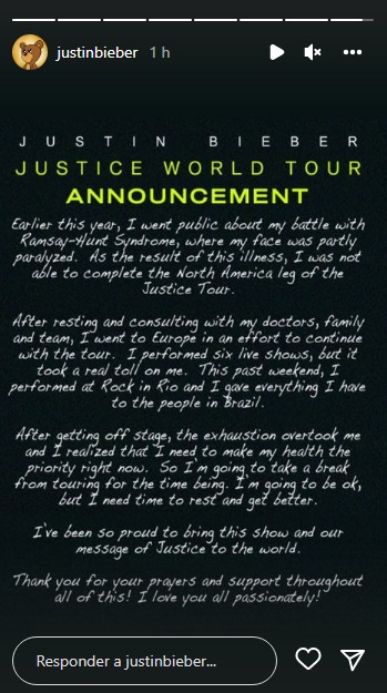 Comunicado do cantor, Justin Bieber sobre o cancelamento dos Shows em São Paulo e na América Latina