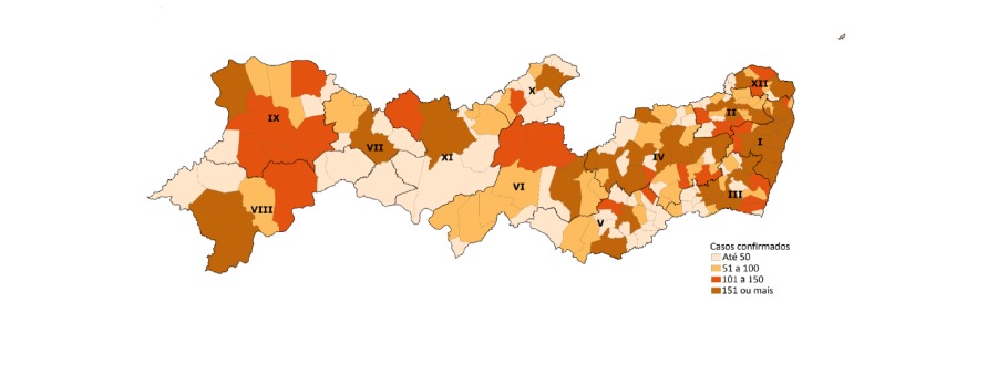 Mapa de Pernambuco das regiões e seus índices de SRAG