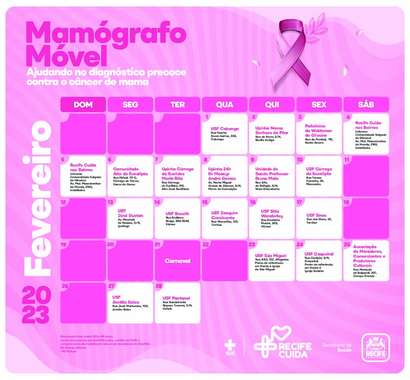 Calendário do mamógrafo móvel de fevereiro de 2022