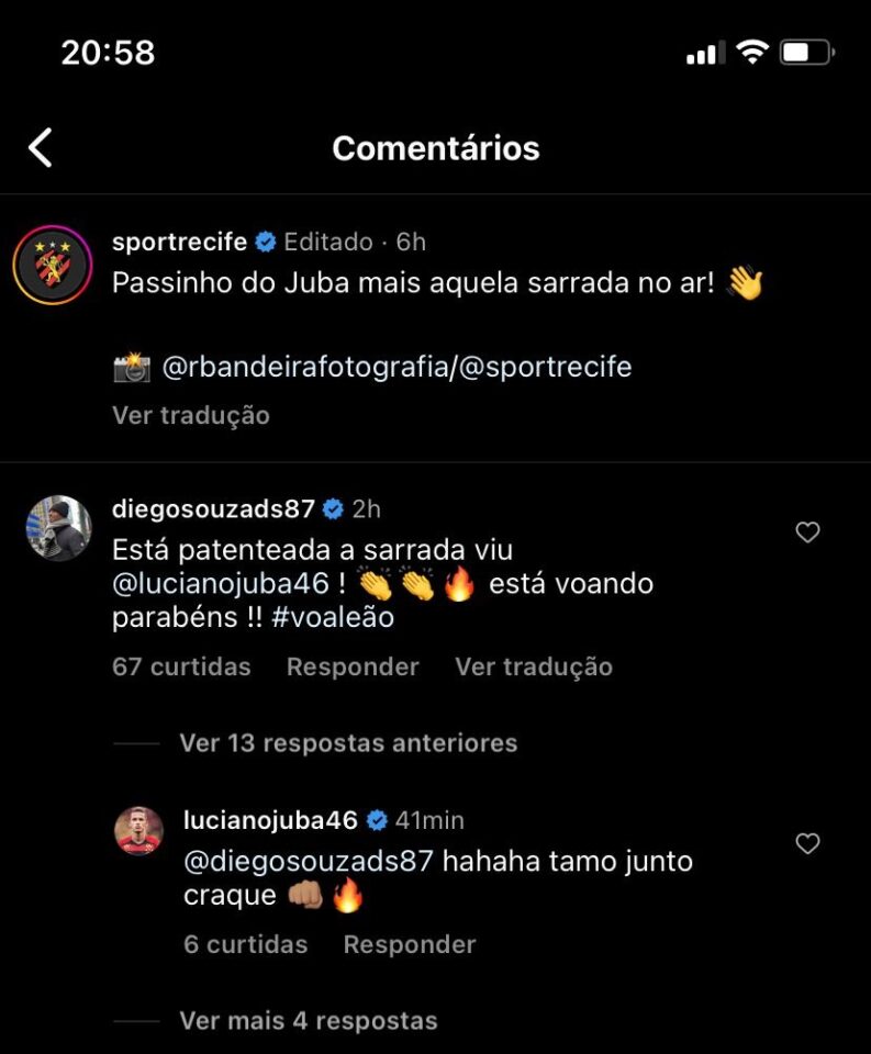 Diego Souza comentou na publicação do Sport e parabenizou Luciano Juba