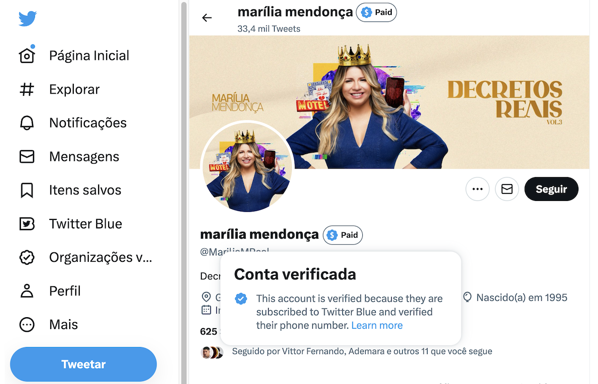 Perfil de Marília Mendonça aparece como assinante do Twitter Blue