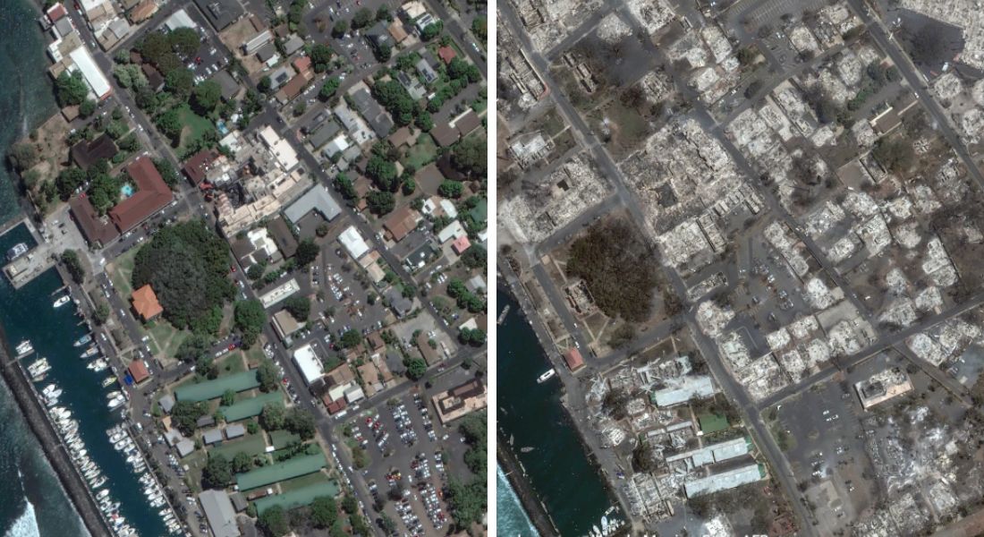 Antes (E) e depois (D) da cidade atingida pelo incêndio