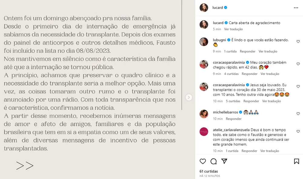 Postagem de Luciana Cardoso no Instagram após transplante de coração de Faustão 