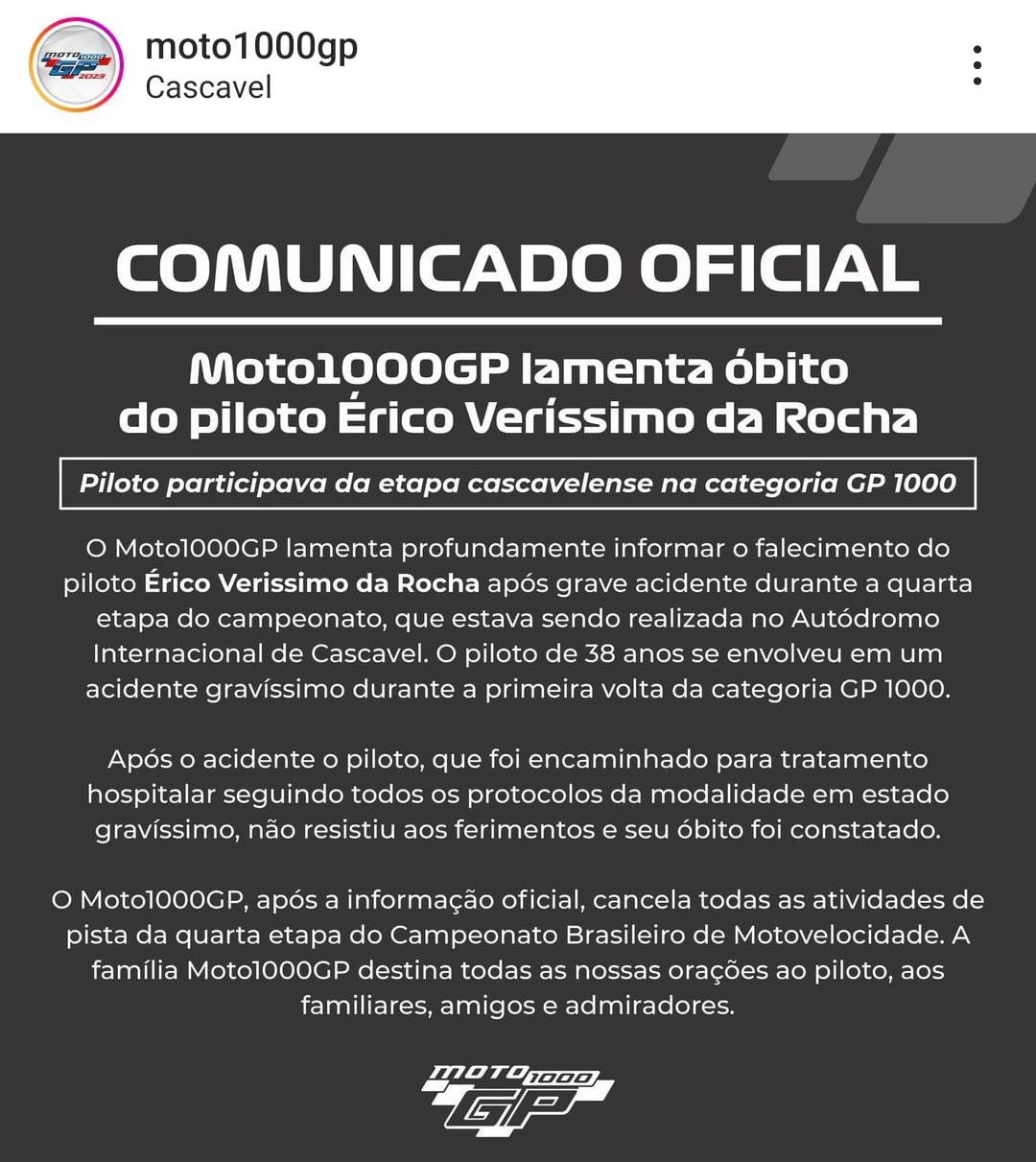 Dois pilotos morrem após grave acidente durante prova do Moto 1000 GP em  Cascavel, no Paraná