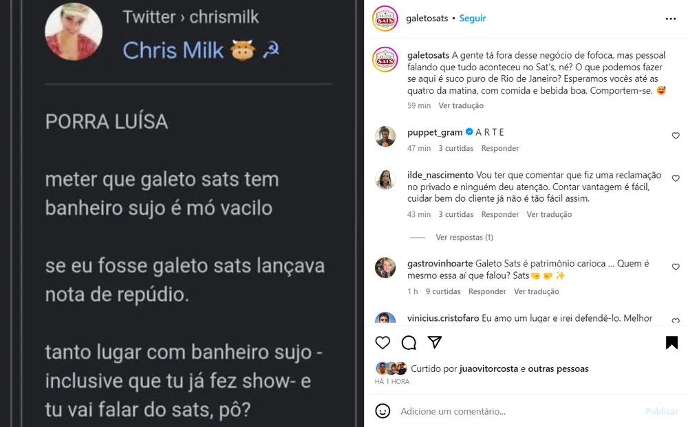 Galeto Sat's faz post em referência a traição sofrida por Luísa Sonza em bar. Reprodução/Instagram