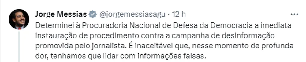 Eduardo Messias faz post sobre caso no Twitter