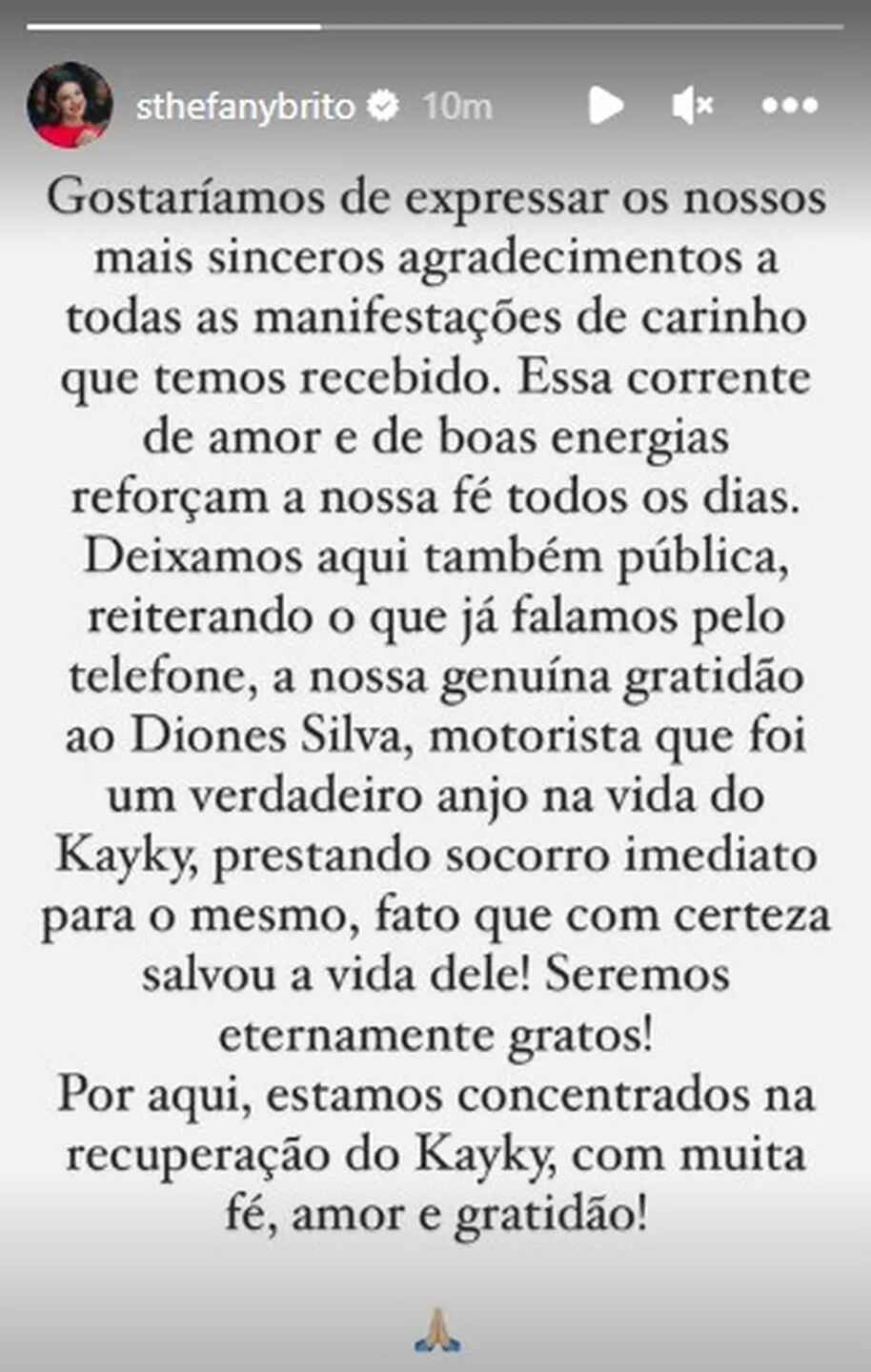 Atriz Stefany Brito agradeceu ao motorista Diones da Silva, que atropelou seu irmão, por ter prestado socorro após o acidente 