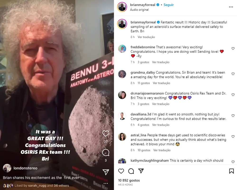 Brian May celebra resultado da missão da Nasa que trouxe amostra de asteroide à Terra