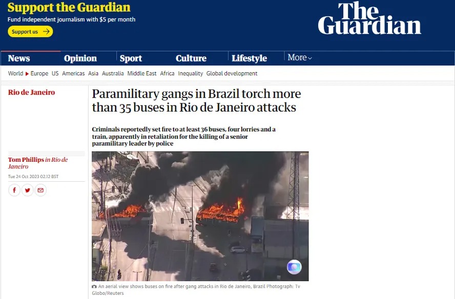 Jornal britânico 'The Guardian' destaca onda de ataques no Rio de Janeiro