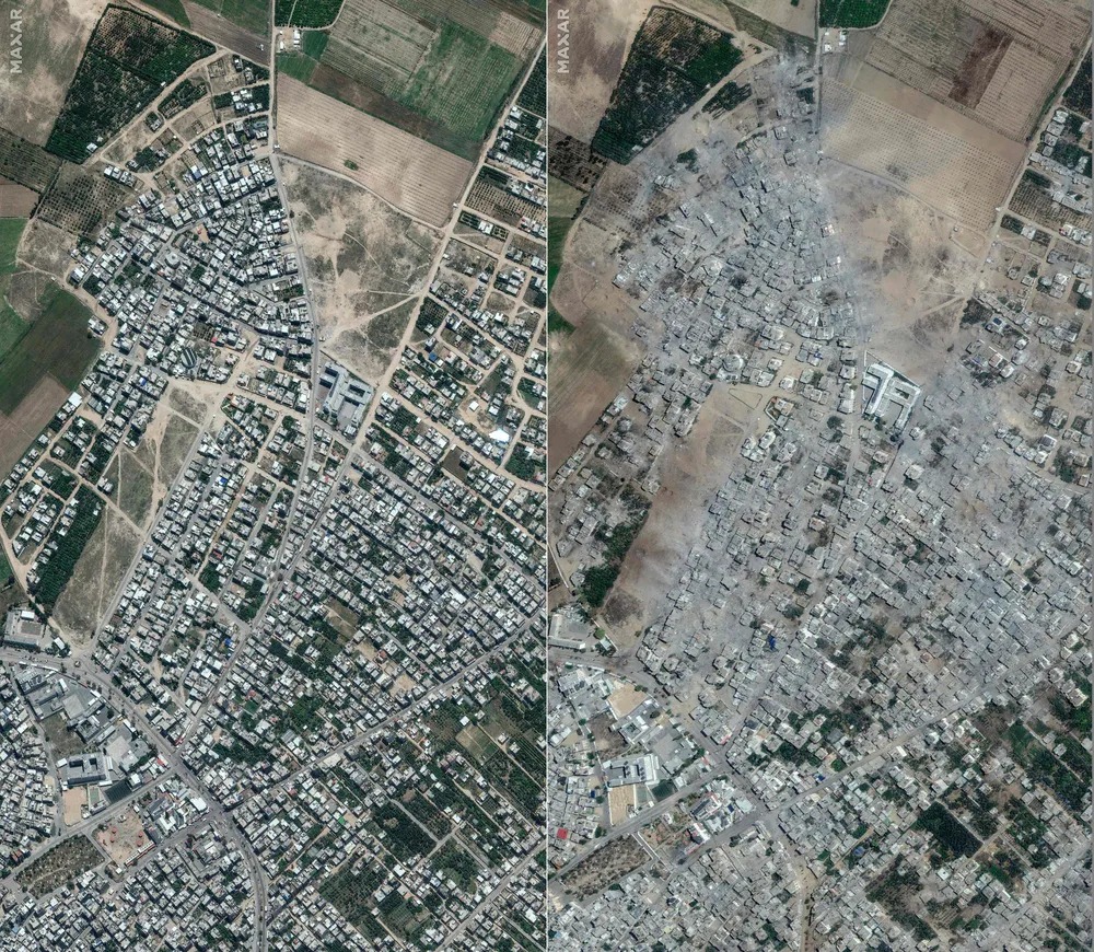 Antes e depois em Izbat Beit Hanoun, na Faixa de Gaza