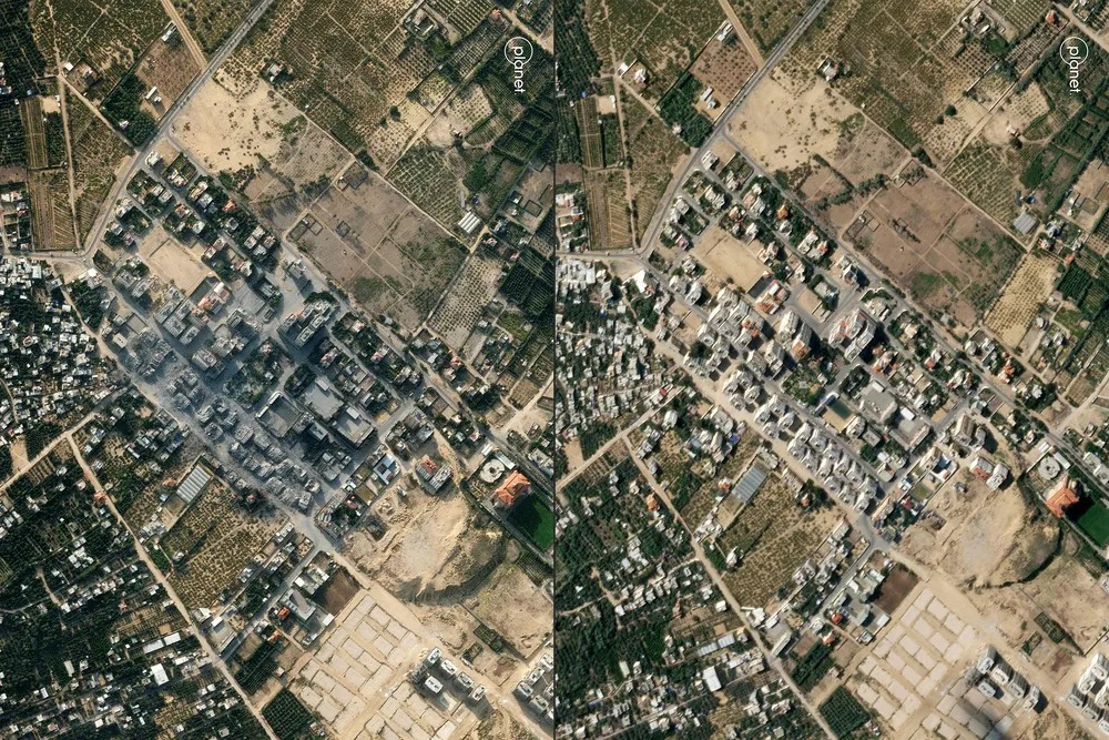 Imagens mostram antes e depois do município de al-Zahra, ao sul da cidade de Gaza