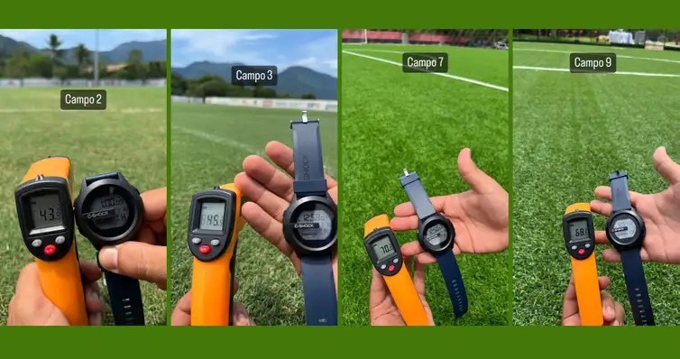 O Flamengo mediu a temperatura no CT do NInho do Urubu na última sexta (17). Enquanto nos campos de grama natural (2 e 3) a temperatura não passou dos 45 graus, nos demais os termômetros chegaram a 70 graus 