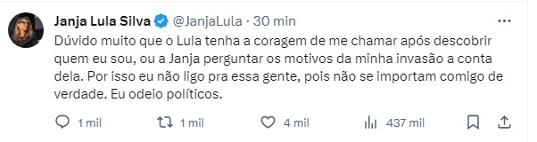 Postagem em que a pessoa que hackeou a conta desafia o presidente Lula