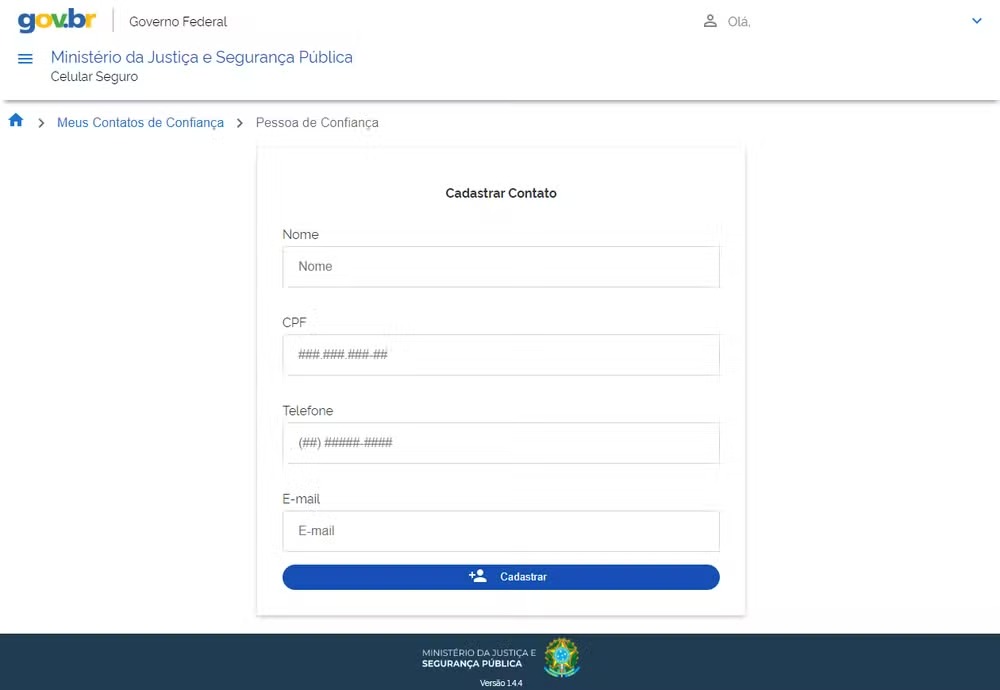 Opção para cadastrar contato na plataforma Celular Seguro
