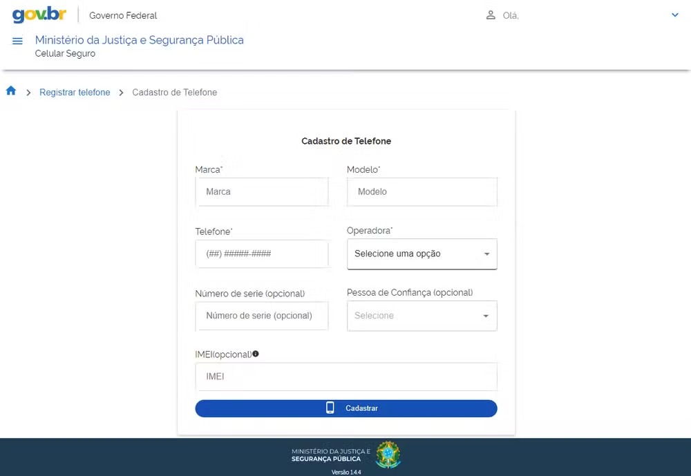Opção para cadastrar telefone na plataforma Celular Seguro