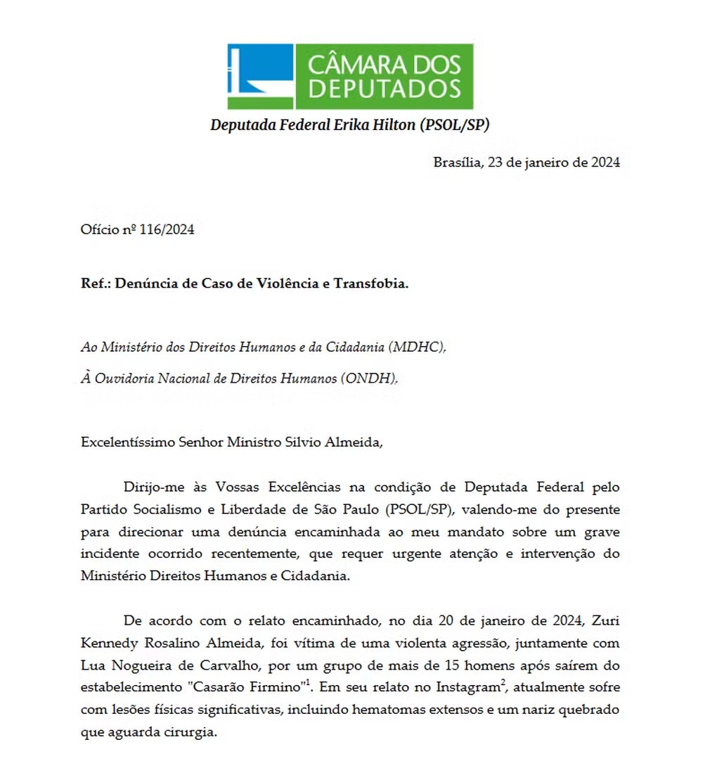 Ofício encaminhado ao Ministério dos Direitos Humanos pela deputada federal Erika Hilton (PSOL-SP) sobre caso de agressão a mulheres trans no Rio
