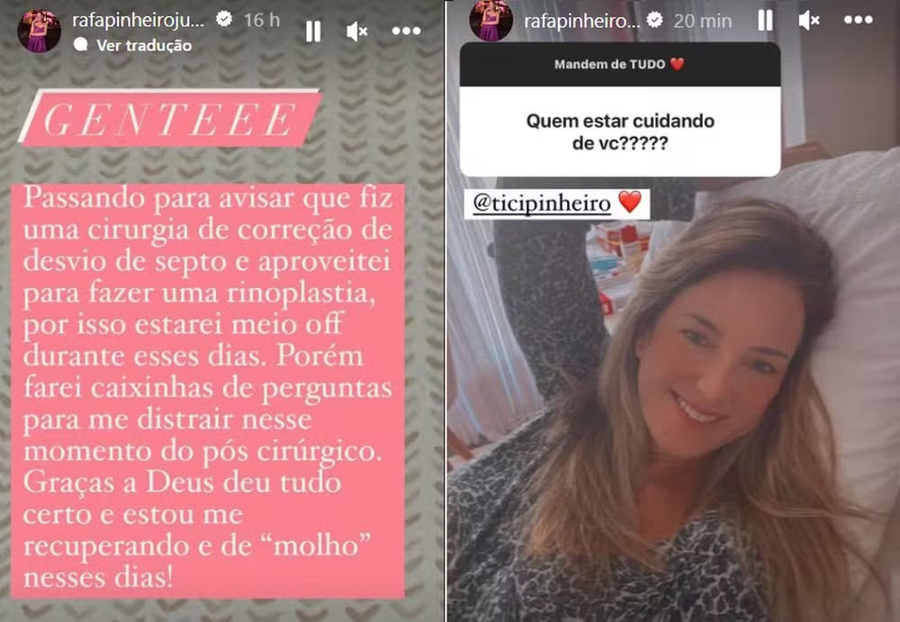 Nos stories, Rafa Justus, de 14 anos, confirmou que fez uma rinoplastia e que se recupera bem 