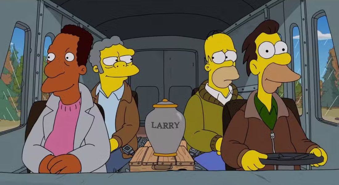 Homer, Lenny, Carl e Moe, amigos de Larry, ficam encarregados por espalhar as cinzas dele