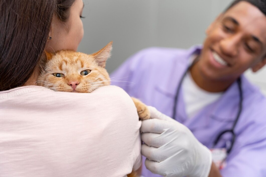 Gato sendo examinado por veterinário