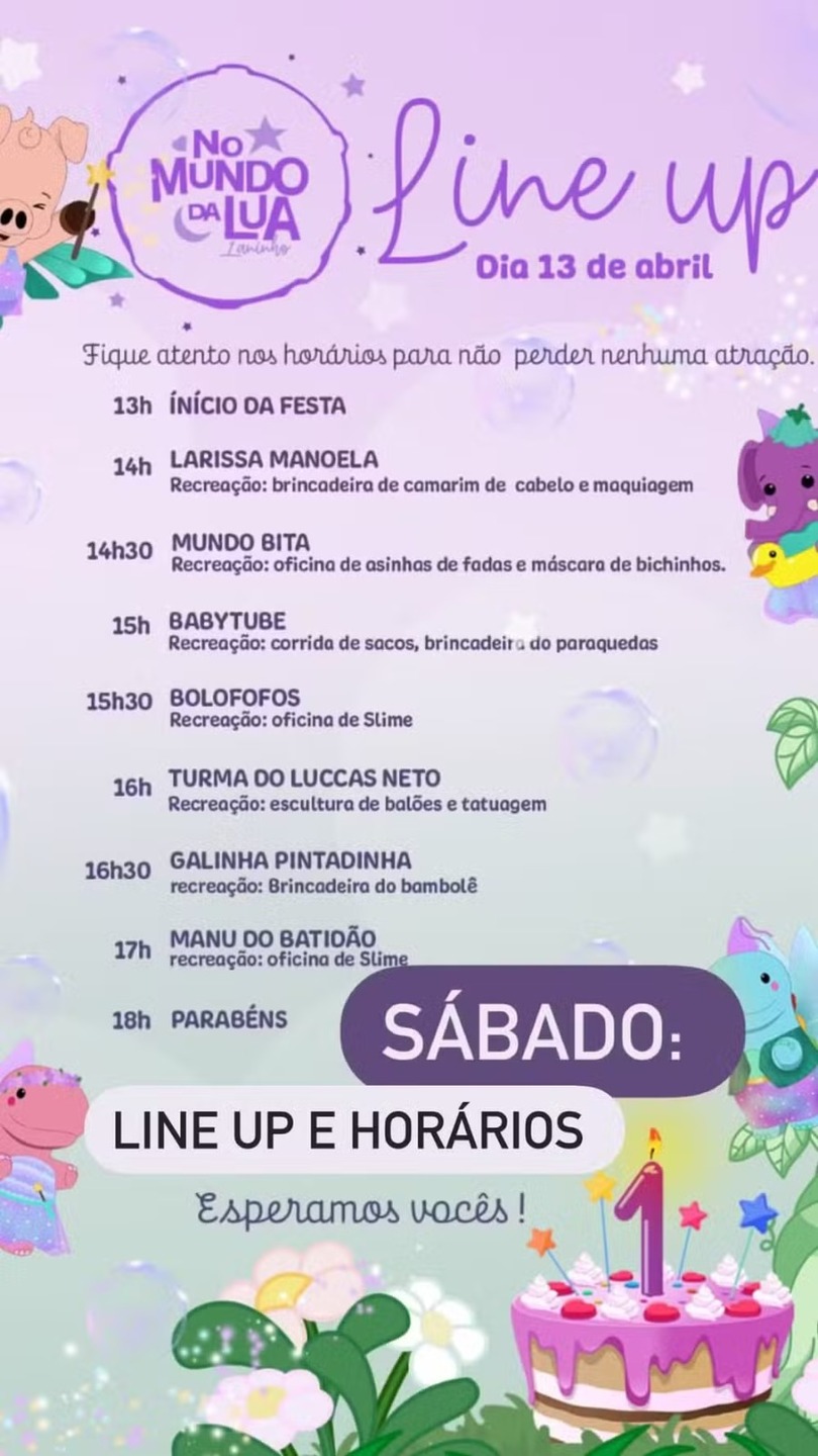 Cronograma de sexta da festa de Lua, a filha de Viih Tube e Eliezer