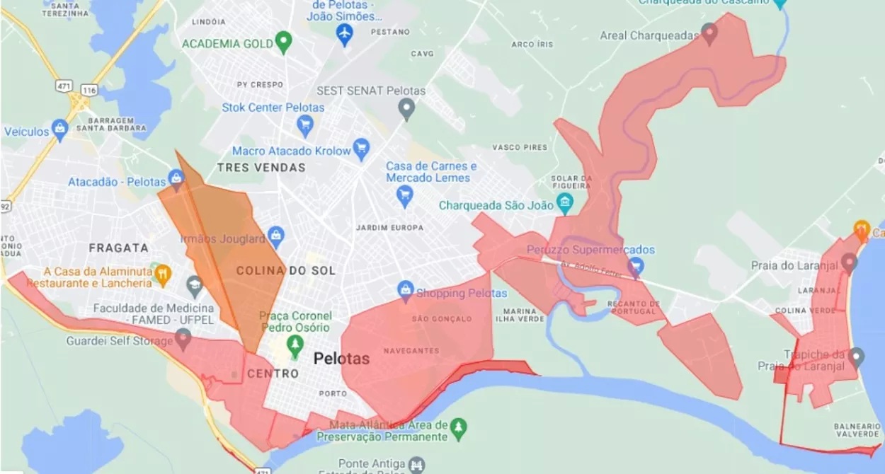 Prefeitura de Pelotas divulga mapa com áreas de prováveis inundações