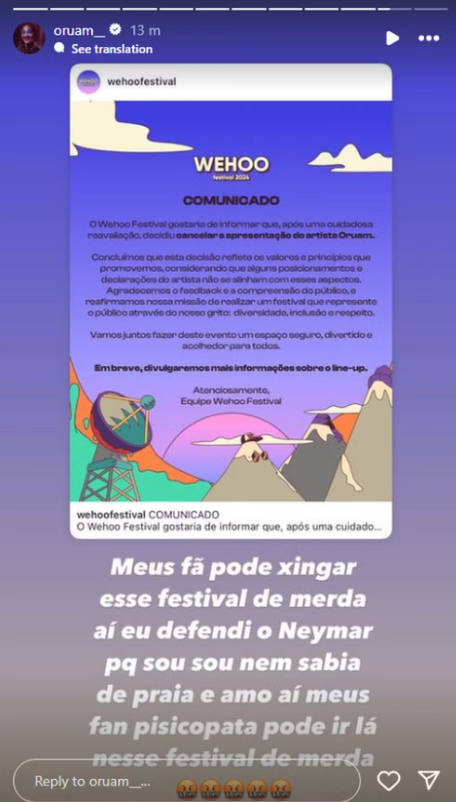 Oruam pede para fãs irem ao Instagram do Wehoo reclamar sobre o cancelamento no festival Wehoo