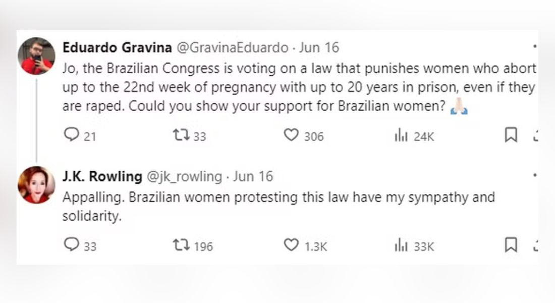 J.K. Rowling critica PL Antiaborto em interação no X