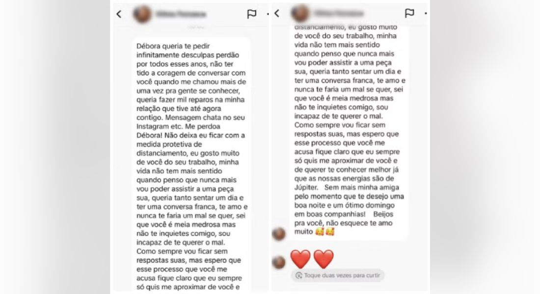 Mensagem enviada a Débora Falabella pela stalker