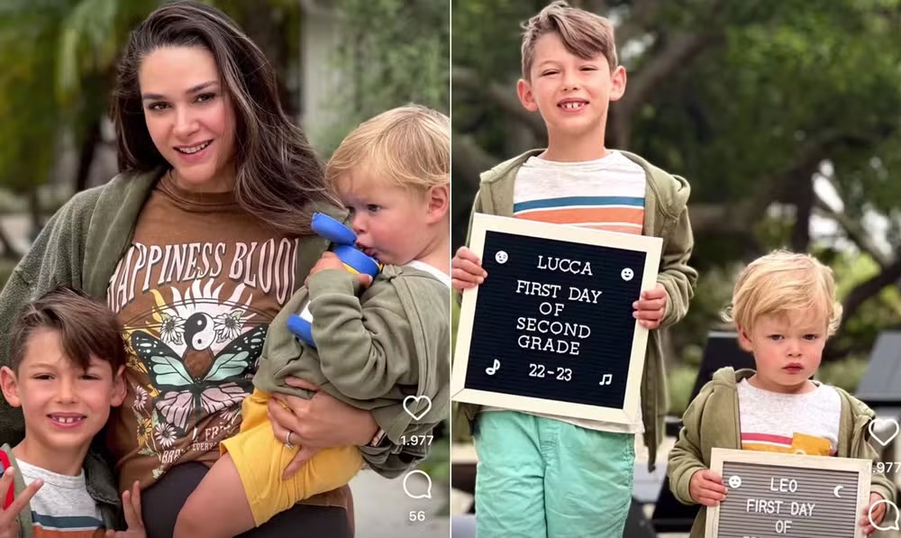 Fernanda Machado com Lucca e Leo no primeiro dia de aula 