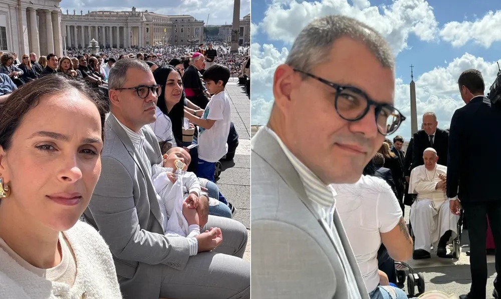 Juliano Cazarré leva filha com doença rara para encontro com o Papa Francisco, no Vaticano 