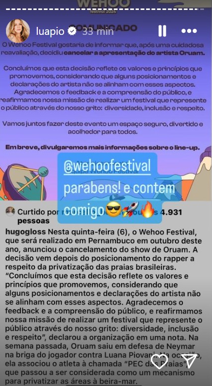 Luana Piovani reposta nota de cancelamento do show de Oruam pelo festival Wehoo