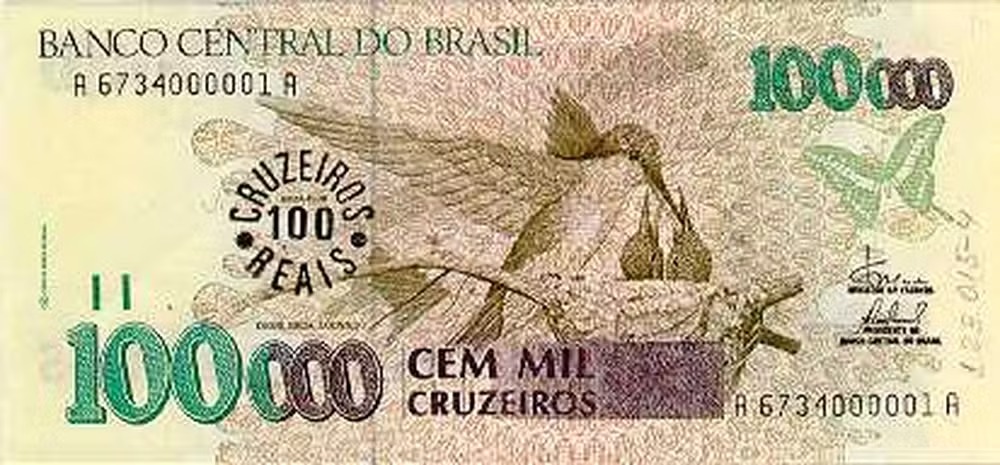 Cédula de 100 mil cruzeiros, de 1992, com gravura de beija-flor