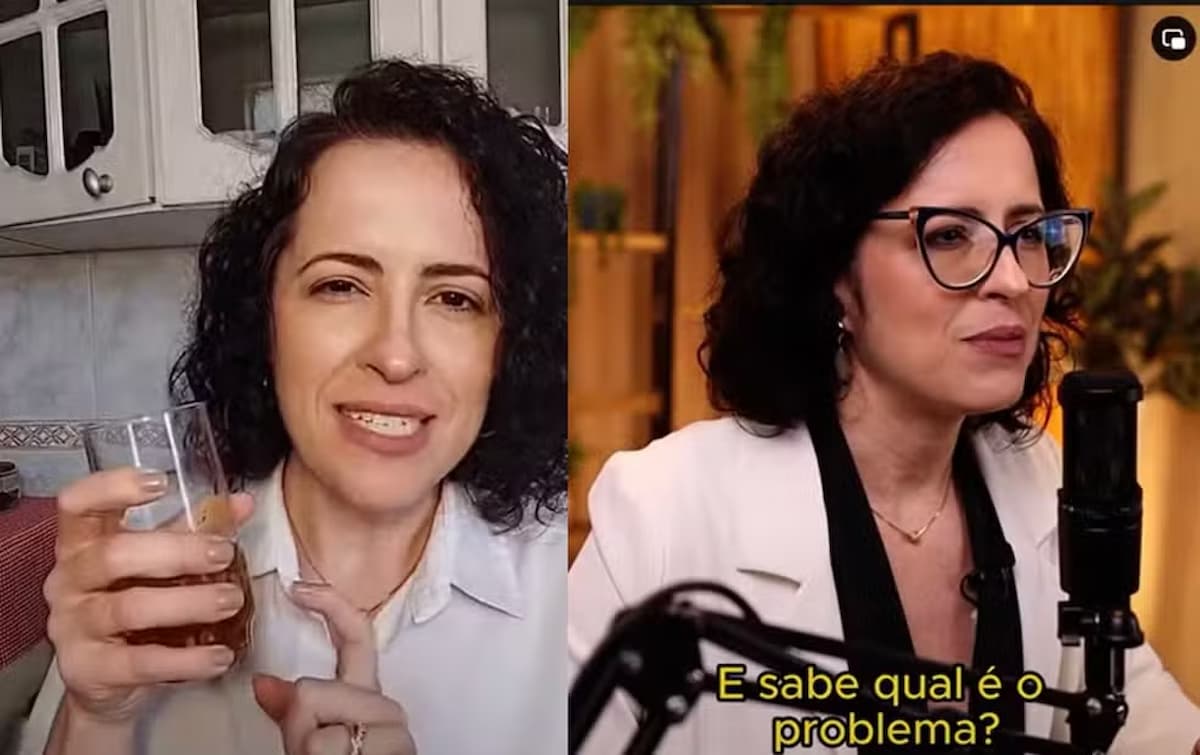 A atriz Fernanda Padilha  falando sobre produtos como 'médica', à esquerda, e outro como 'farmacêutica', à direita  Foto: Reprodução