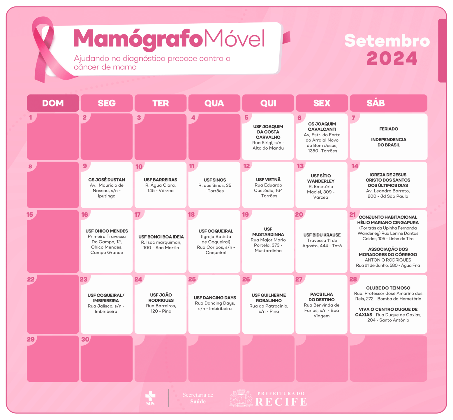 Calendário do mamógrafo móvel foi disponibilizado nesta sexta-feira (30)