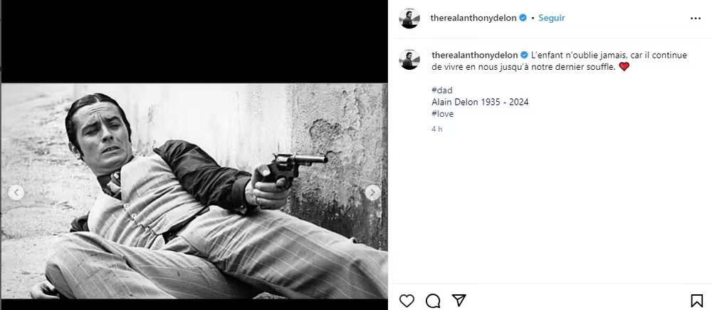 Post de Anthony Delon sobre seu pai, o ator francês Alain Delon 