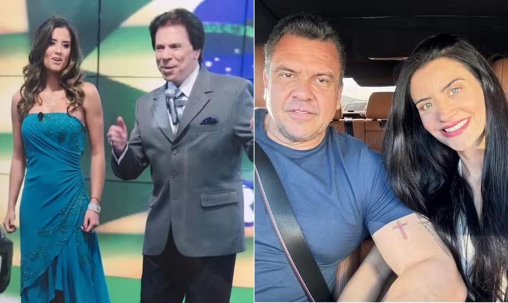 A ex-assistente de palco Patricia Salvador do Carmo com Silvio Santos (à esq.) e atualmente com o marido, Lázaro do Carmo Júnior, ex-presidente da Jequiti 