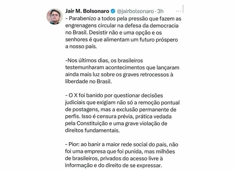 Publicação na conta do ex presidente Bolsonaro no X