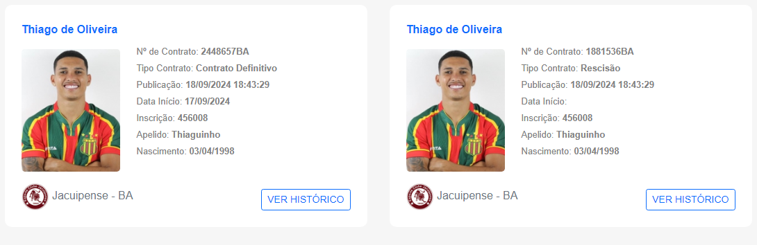 Thiaguinho teve situação contratual atualizada com a Jacuipense 