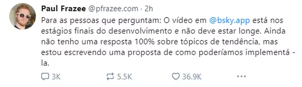 Desenvolvedor da BlueSky responde usuários brasileiros: 'Vídeo está nos estágios finais do desenvolvimento', diz 