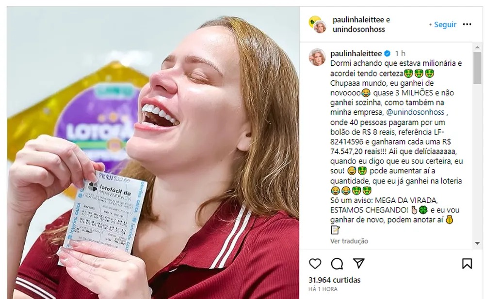 A ex-BBB Paulinha Leite mostra o mais recente bilhete premiado, em post no Instagram 