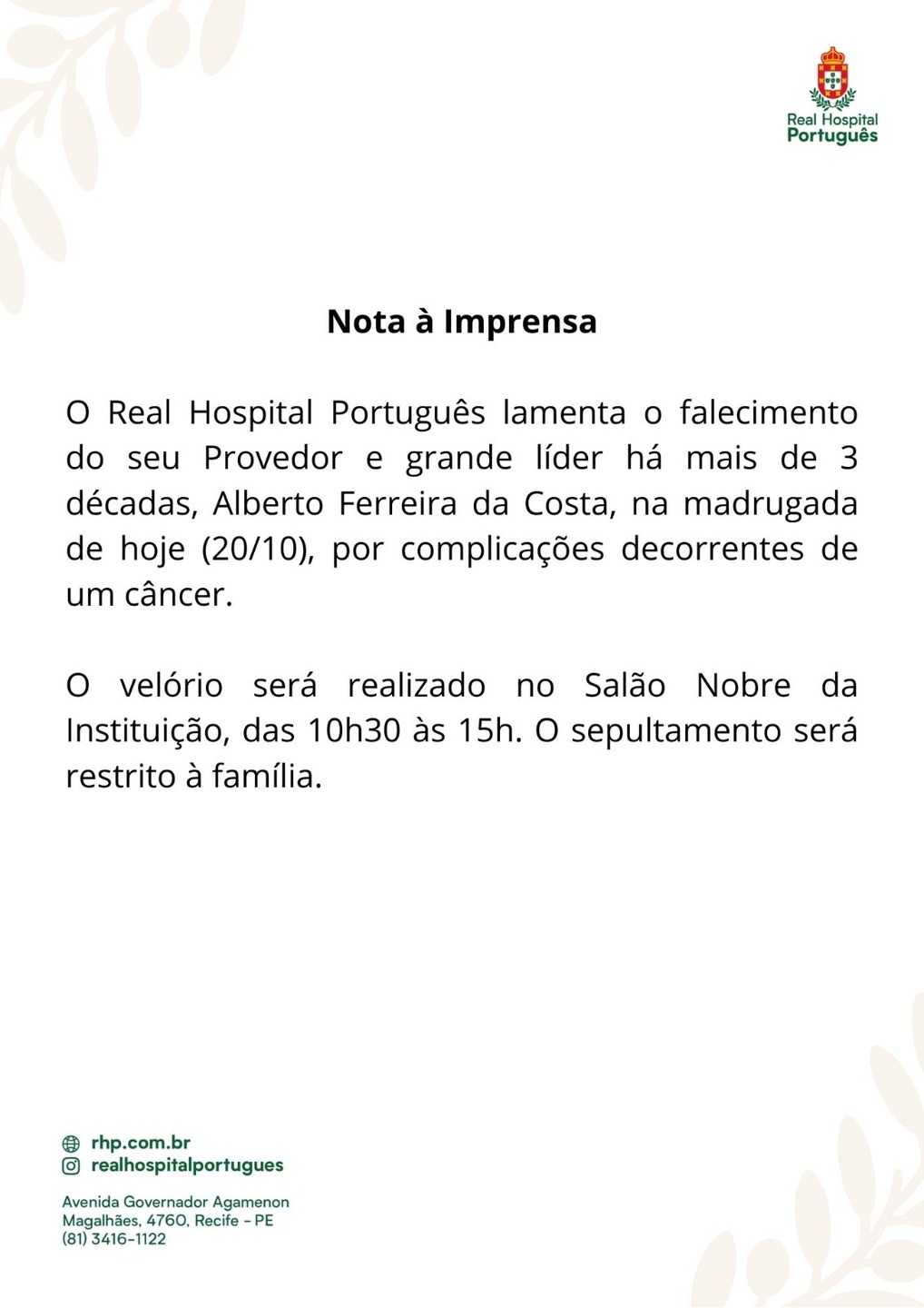 Nota do Real Hospital Português