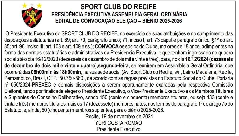 Edital de convocação da eleição do Sport