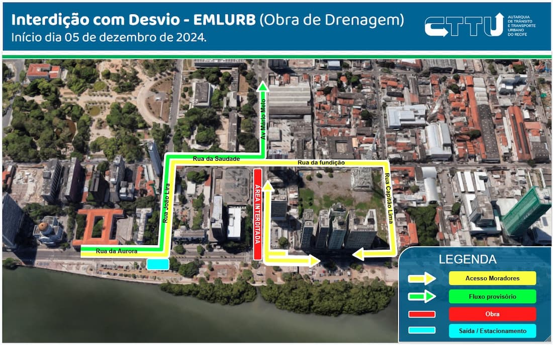 Mapa do novo esquema de trânsito na Rua da Aurora