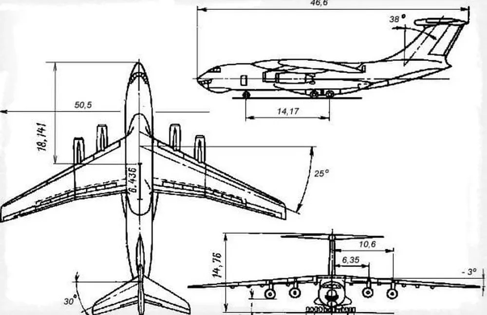 Com 46,7 metros de comprimento, o Ilyushin Il-76 também tem 50,5 metros de envergadura da asa, e a altura no solo é de 14,8 metros 