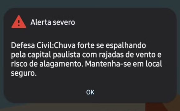 Alerta foi enviado para os celulares em regiões de risco