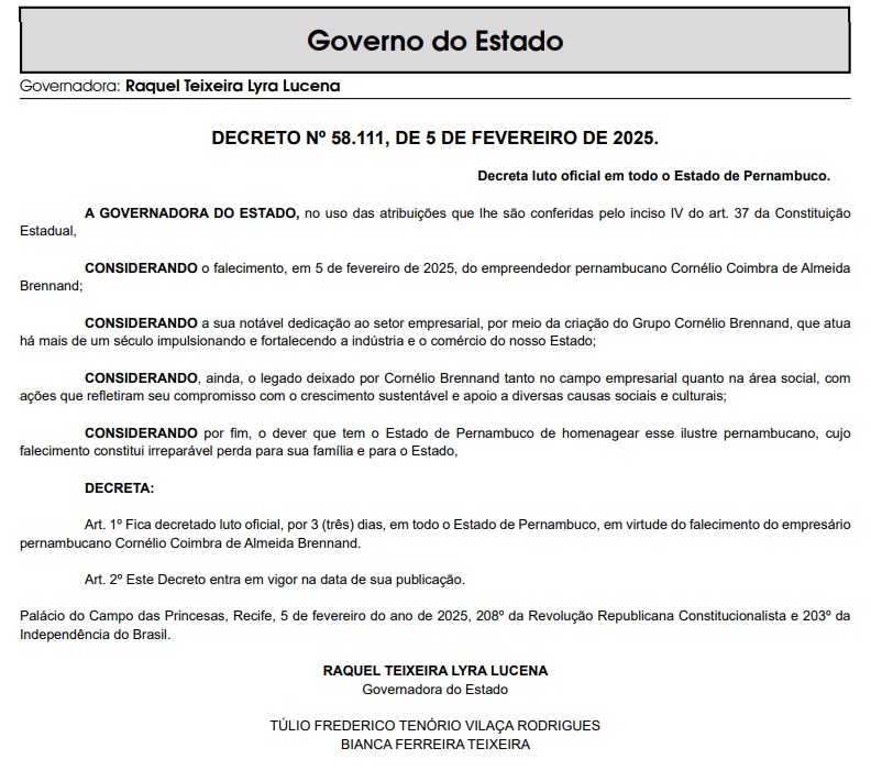 Decreto de luto oficial pelo falecimento do empresário Cornélio Brennand